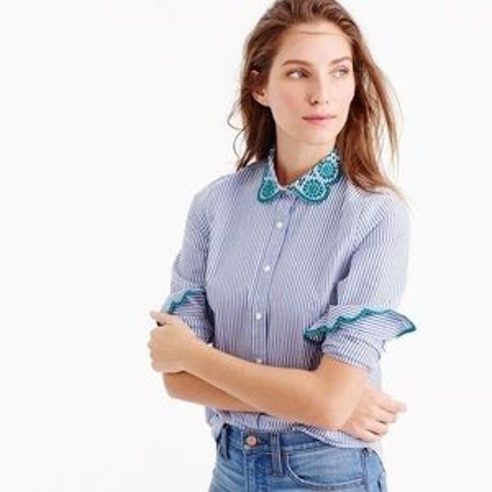 J.Crew Button-down Shirt Cotton Embroidered Striped Print Blue White Size 6